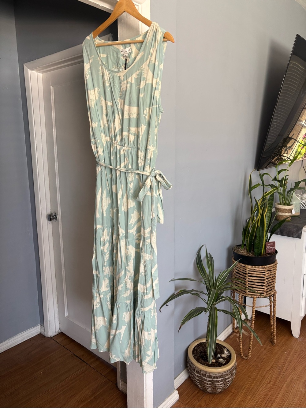 AVA & VIV Sleeveless Mint & White Printed Maxi Dress with Tie Waist w/Pockets 1x